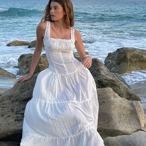 🆕FRANKIES BIKINIS Christabelle Ruffle Maxi Dress Sunrose White Size Small NWT